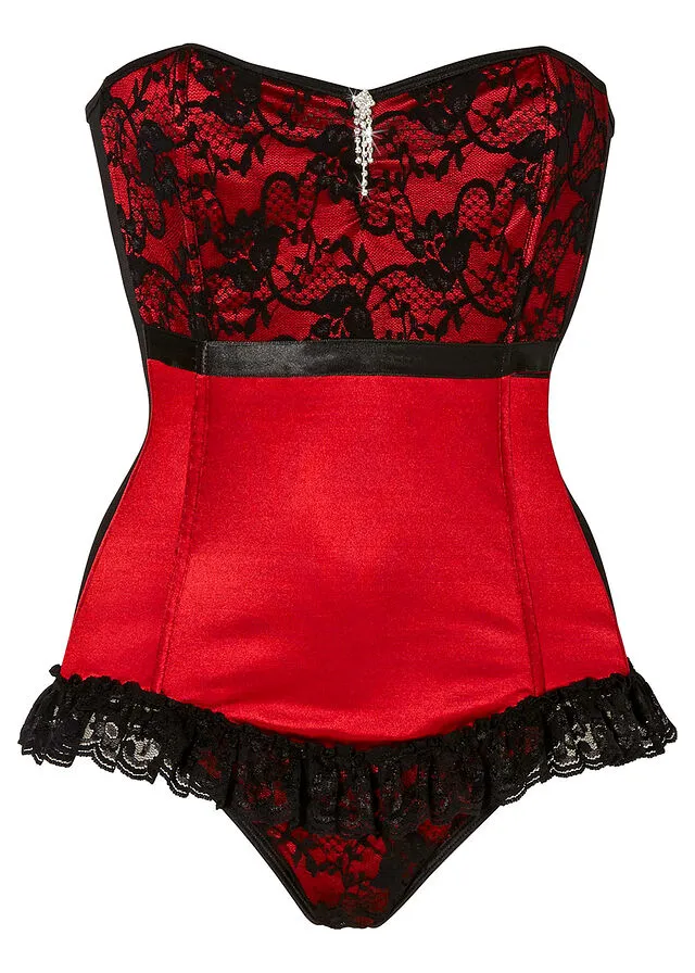 Corsé + tanga de encaje floral Rojo-negro